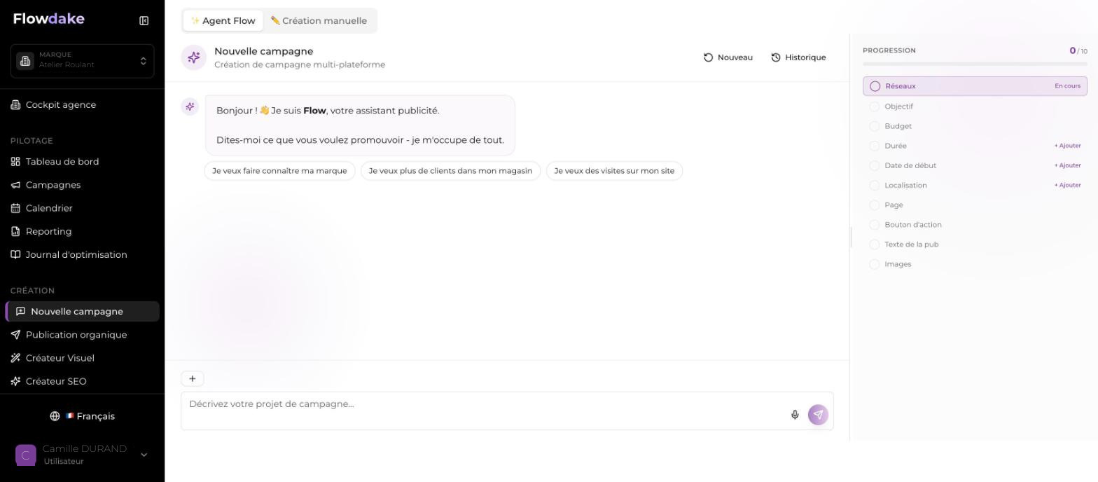 L'assistant Flow demande ce que vous voulez promouvoir, avec trois réponses rapides proposées.
