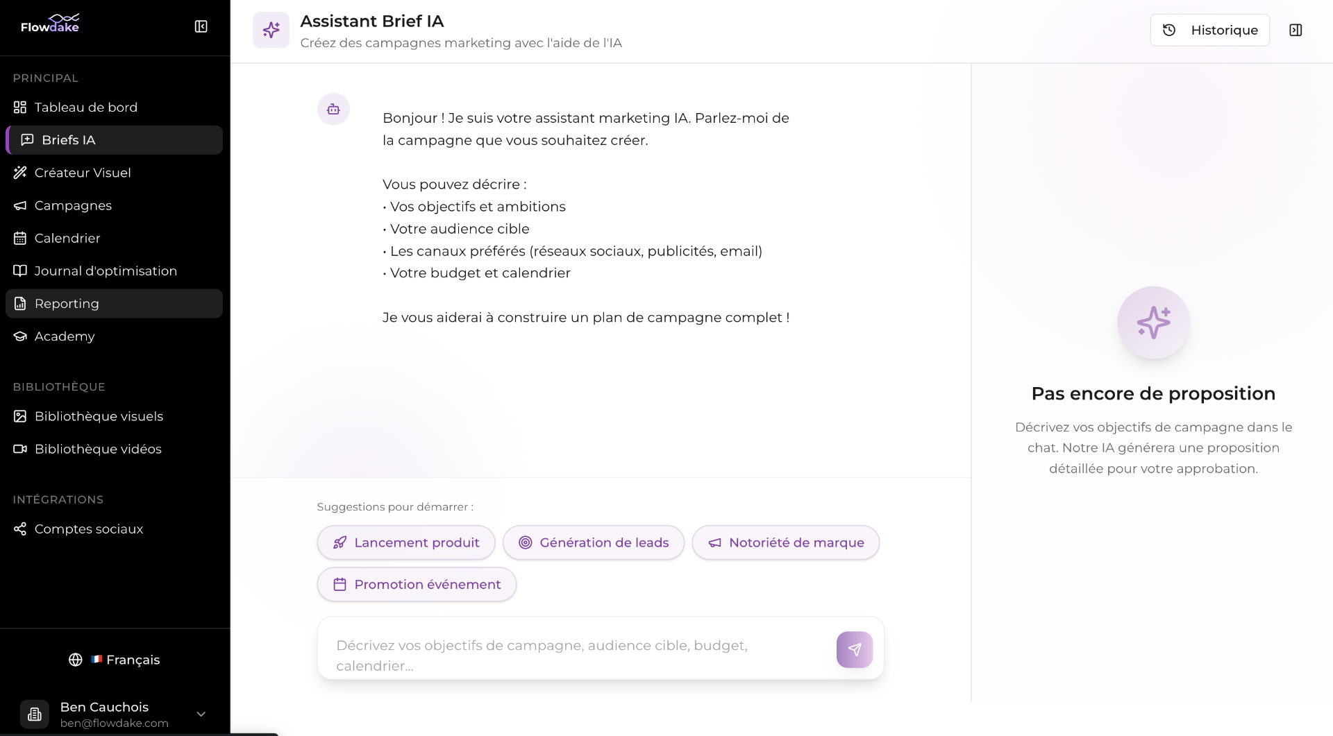 Conversation avec l'IA pour décrire un objectif de campagne