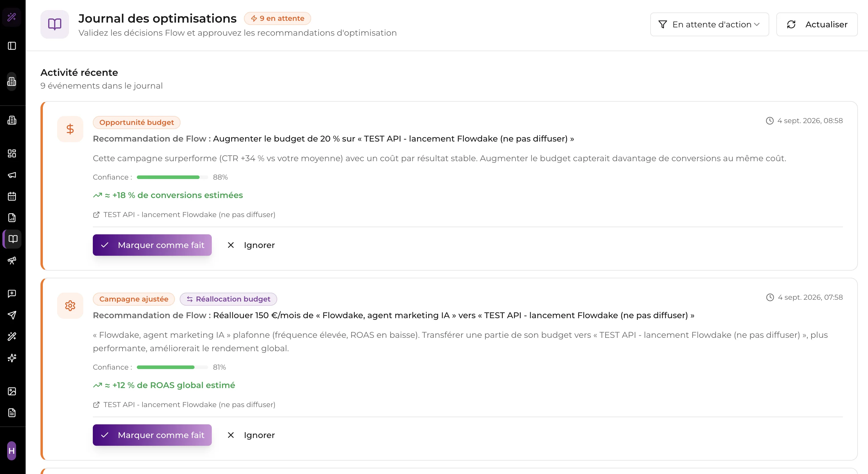 Le journal des optimisations : chaque ajustement proposé par Flow, avec son gain estimé et un indice de confiance.