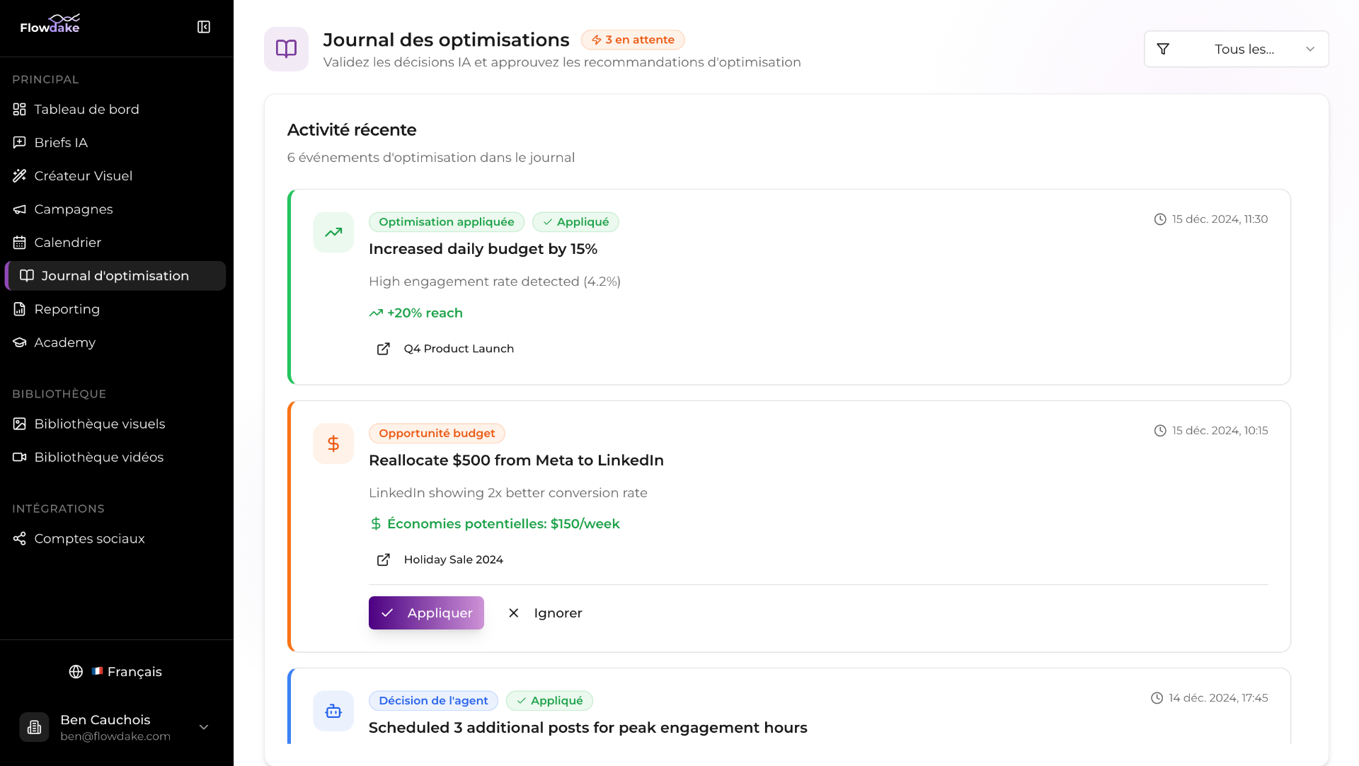 Optimization journal with performance insights
