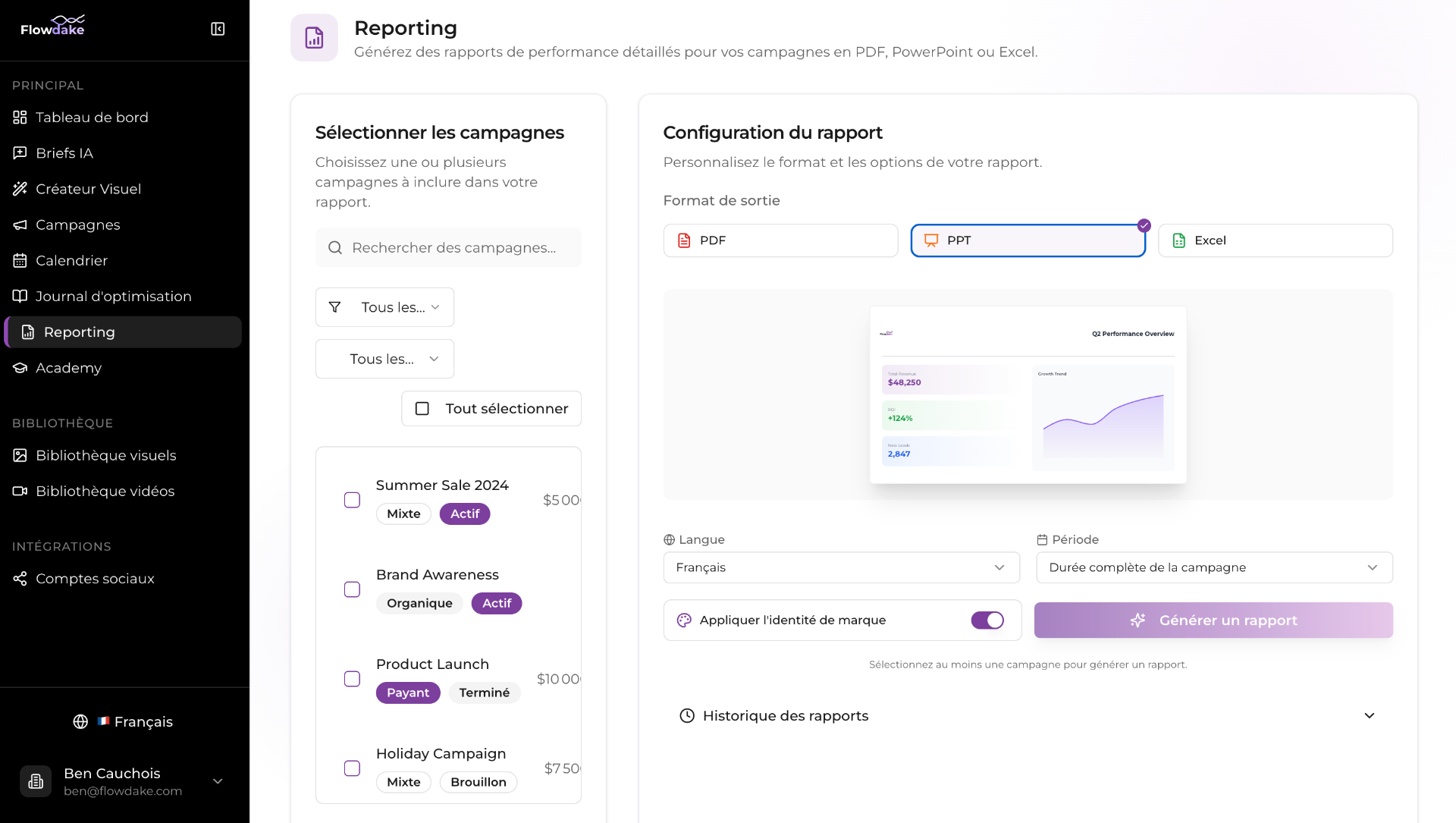 Tableau de bord de performance avec optimisation en continu